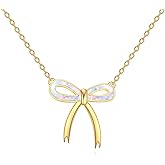 YFN 925 Sterling Silver Opal Bow Necklace, Gold Plated Chain, Dainty Pendant
