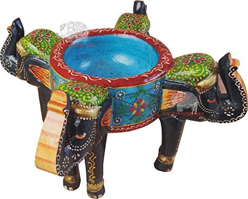 VAGESHWARI ART Wooden Elephant Blue Bowl Antique Look/Decor/Gift/for Your Home/Office
