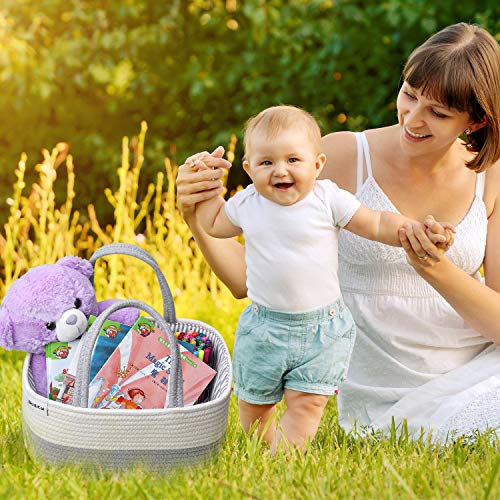 Baby Diaper Caddy Organizer Nursery Storage Bin with Removable Divider, Cotton Rope Infant Diaper Basket Car Organizer for Diapers Wipes Toys Baby Shower Caddy Gifts - Thumbnail 6