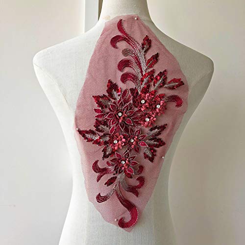 Shimmer Burgundy 3D Flower Lace Applique Crystal Sequined Embroidery Lace Patch Wedding Motif Sew on Dress Gown Costumes