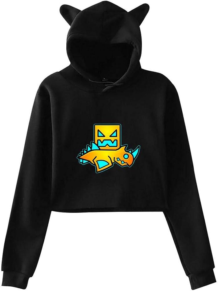 3D Print Womens Cute Cat Ear Crop Top Hoodie Geometry Spider Dash Crop Top Sweatshirt