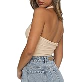 Artfish Women's Sexy Scoop Neck Halter Crop Top Backless Knit Rib Basic Cami Tank Tops
