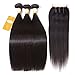 Ossilee Straight Hair Bundles with Closure Brazilian Virgin Hair Three Part Lace Closure with Bundles 8a Straight Hair with Closure (16 18 20+14 Three Part Closure, Natural Color)