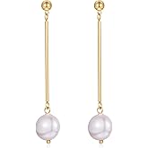 FILMOON Gold Plated Pearl Drop Earrings for Women – Dainty Long Linear Pearl Dangle Stud Earrings Elegant Jewelry