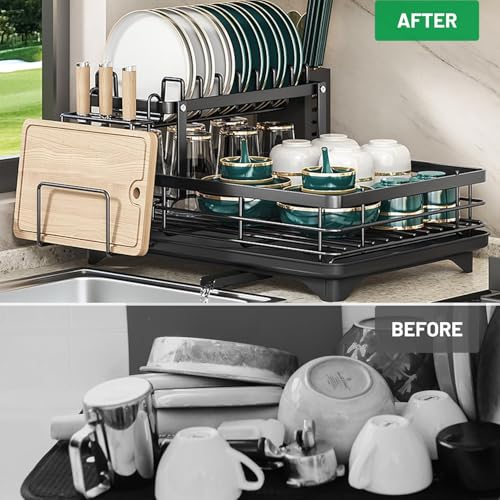Azonee 2-Tier Dish Drying Rack for Kitchen Counter | Large Capacity Stainless Steel Dish Rack with Drainboard – Detachable Cutlery Holder, Rotatable Drainage | Black Kitchen Organizer for Plates,Bowls