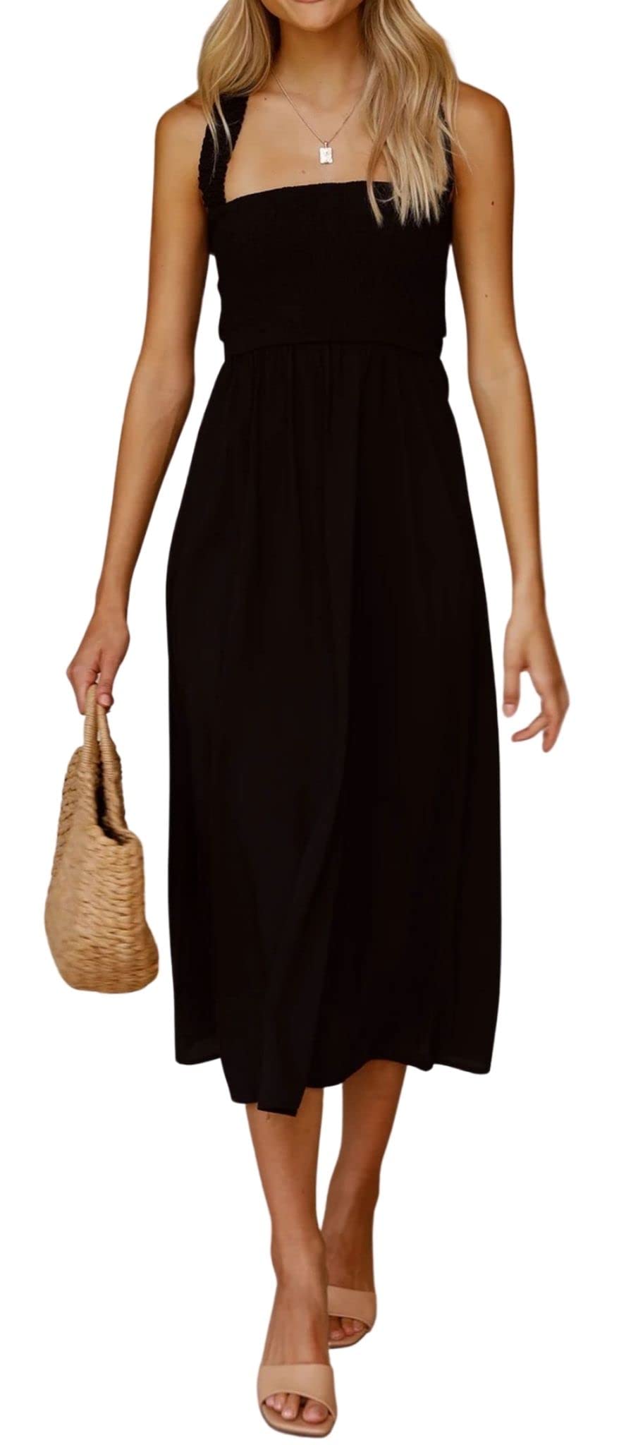 Photo 1 of CHARTOU Women Sexy Spaghetti Strap Cut Out Smocked Dress Party Backless Flowy Midi Dress with Pocket (Large,Black)