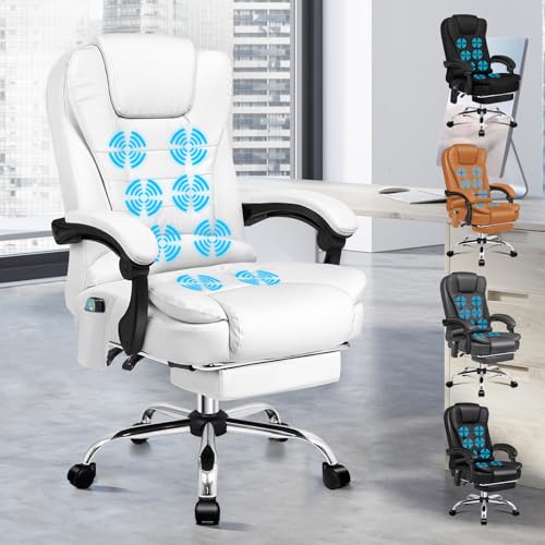 Chefsessel Ergonomisch Bürostuhl Wärmemassagefunktion, Schreibtischstuhl Einziehbare Fußstütze, Besprechungsstuhl höhenverstellbarer, Drehstuhl Neigungswinkel 90°-150°,PU-Leder Weiß