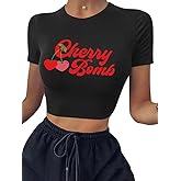 Y2k Baby Tees Crop Top for Women Cute Cherry Bomb Graphic Print Short Sleeve Casual Slim Fit Girls Tee Tops