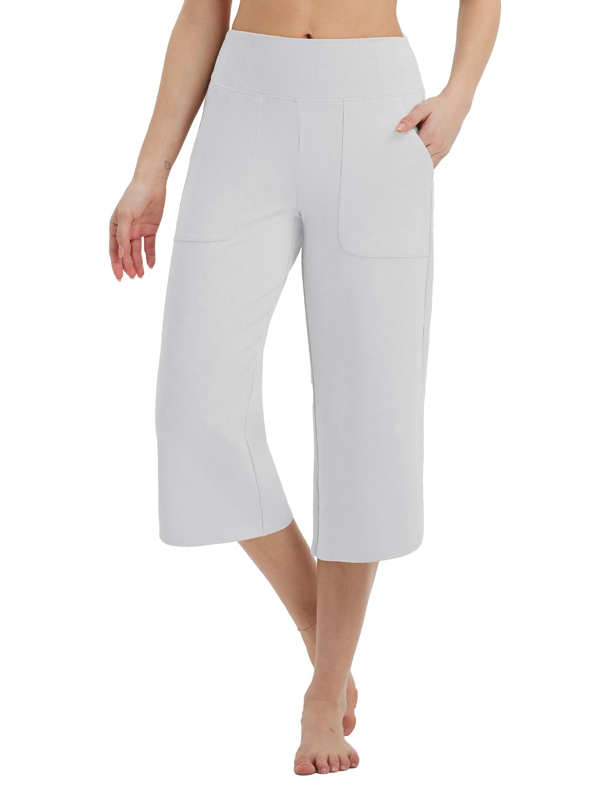Photo 1 of baleaf Capris Pants for Women Yoga Capri Leggings with Pockets Loose High Waist Crop Workout Pants Wide Leg Casual Summer White SM