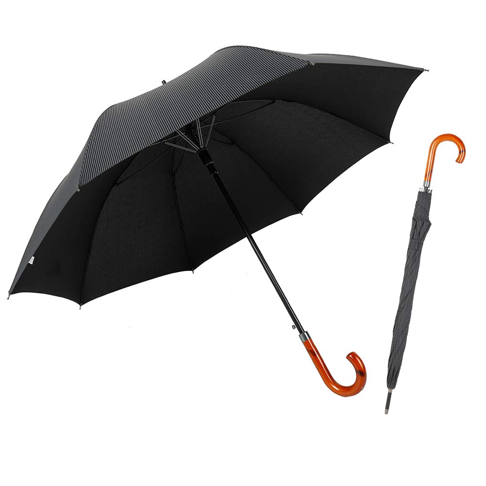 TIME LOVER Stick Umbrella Oversize Windproof Umbrella Wooden Hook Handle J Stick Automatic Open Fast Drying Umbrella for Men Women(Black stripe)