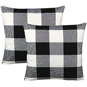 VAKADO 20x20 inch Black White Buffalo Plaids Decorative Throw Pillow Covers Retro Rustic Check Cotton Linen Cushion Cases Home Decor for Couch Sofa Car Set of 2