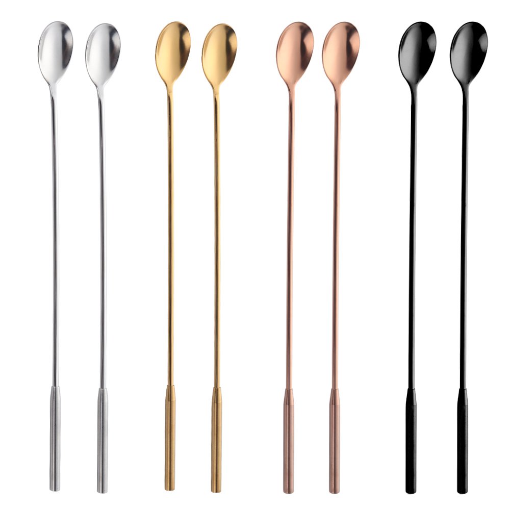 Bisda Cocktail Mixing Spoons Stainless Steel Bar Spoon Long Handle 8 pieces 30.6 cm / 12 inches Cocktail Stirrers Long Metal Spoon for Stirring, Black X2, Gold X2, Rose Gold X2, Silver X2