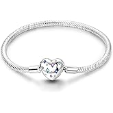 Charm Bracelet for Women Sterling Silver, Heart Clasp Snake Chain Bracelet Travel Charm Moments European Bracelet Jewelry Compatible with Pandora Charms, Gift for Her
