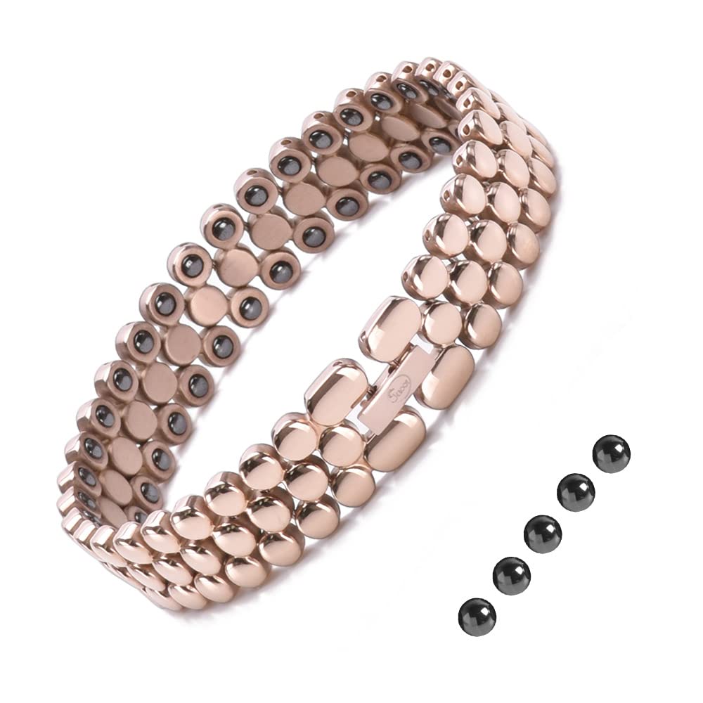 JEROOT Women’s Magnetic Bracelet, Three Rows Round Bracelet Adjustable Length with Sizing Tool Rose Glod Stainless Steel Bracelet