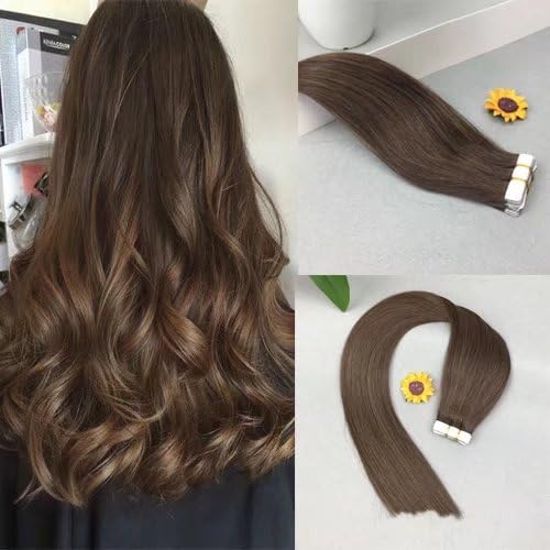Tape In Human Hair Extensions Seamless PU Skin Weft Remy Straight Human Hair For Fashion Women 14inch 20pcs(#6 Medium Brown)