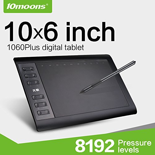 10moons Drawing Tablet 10x6 Inch Graphic Tablet 8192 Levels No Need Charge Pen 12 Hotkeys