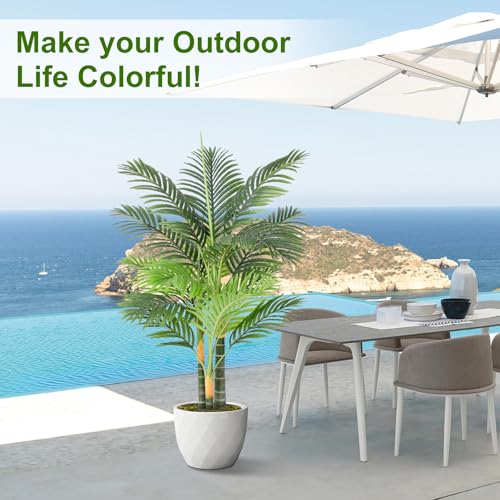 Keeplush Artificial Palm Tree Triple Golden 120cm Large Artificial Plant Outdoor Indoor or Outdoor Tall for Patio Poolside Lawn Office Living Room Balcony Garden (1Pack)