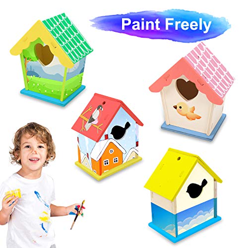 2 Pack Wooden DIY Bird House Kits for Kids, Crafts Wood Arts for Boys Girls Ages 3-8, Unfinished Bird House for Kids to Build and Paint(12 Paints+ 2 Brushes)