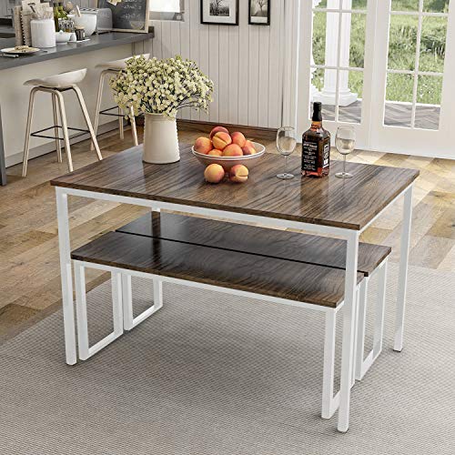 Dining Room Table Set, 3 Pieces Farmhouse Kitchen Table Set with Two Benches, Metal Frame and MDF Board, Modern Furniture for Home, Cafeteria, Apartment and Farm House (Brown)