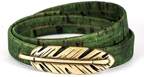 Antique Brass Feather and Green Cork Double Wrap Bracelet