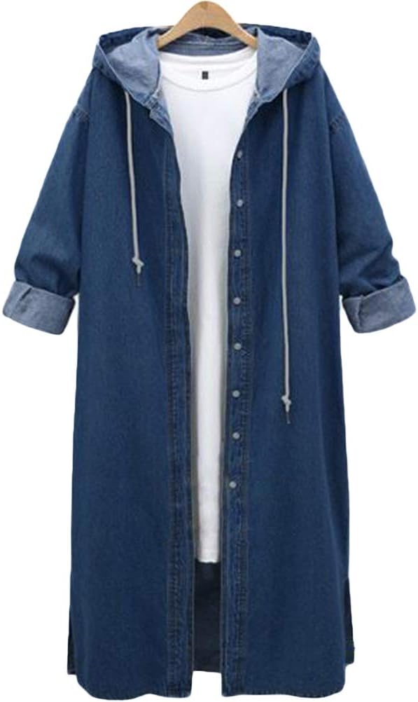 Innifer Women's Long Sleeve Plus Size Long Jean Jacket Denim Windbreaker Outwear Coat with Hood