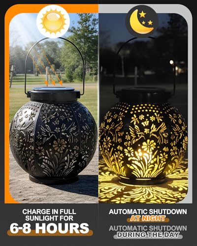 KALAHOL 2 Pack Solar Lanterns Light, Outdoor Lanterns for Garden with Beautiful Pattern, IP44/Auto On Off, Outdoor Hanging Garden Solar Lights for Garden Outside Patio Courtyard Table Balcony
