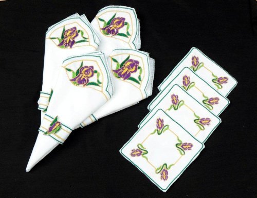 Summer Set of 4 Table Napkins and Coasters in a Mackintosh Iris Nouveau Design.