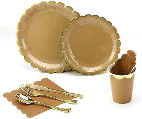 Party Disposable 8 Guest Dinner Set - Kraft Paper 9" & 7" Plates, Paper Cups, Table Napkins, and Gold Plating Cutlery Set