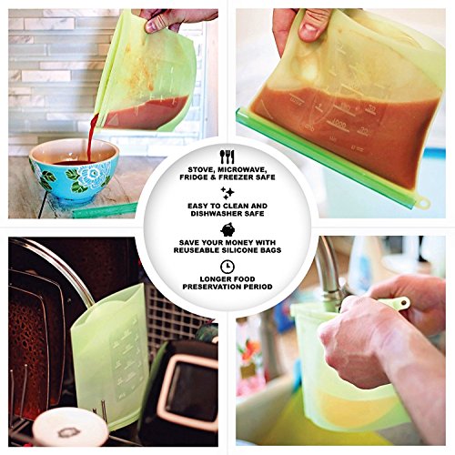 Kitchen Wonders4-PACK Reusable Silicone Food Bags| Stasher| Preservation of Fruit, Vegetables, Meats Etc. Storage Container| Airtight Seal Lunch & Snack Bags| Freeze & Heat Safe w/Dish Brush