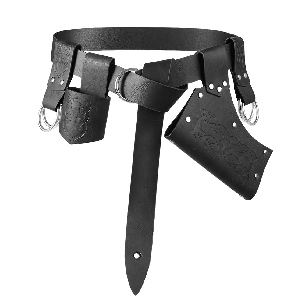 Medieval Viking Accessories Set, 5Pcs Knight Viking Embossed Belt Costume Accessories Medieval Renaissance Leather Belt Sword Dagger Frog Case Sword Holster Set for Halloween Knight Viking Cosplay