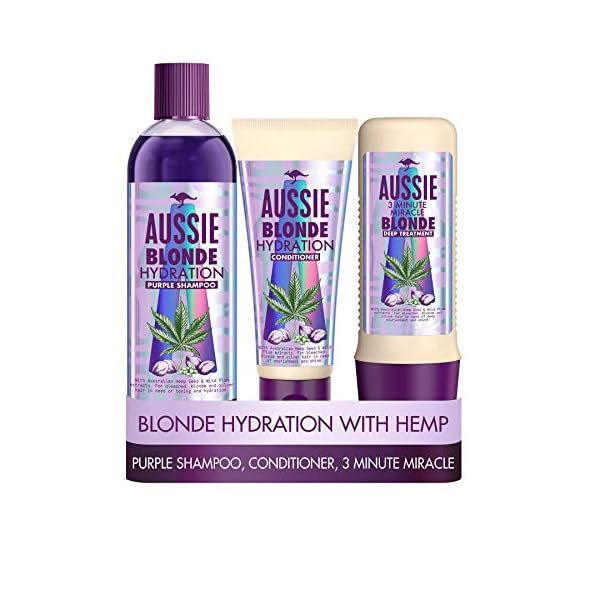 Aussie-Blonde-Hydration-Purple-Shampoo-Hair-Conditioner-and-3-Minute-Miracle-Hair-Mask-Set-A-Shampoo-and-Conditioner-Set-that-Neutralises-Brassy-and-Yellow-Tones-for-Hydrated-Blonde-and-Silver-Hair Aussie Blonde Purple Shampoo and Conditioner Set + Hair Mask, Silver & Blonde Shampoo & Hair Conditioner + 3 Minute…