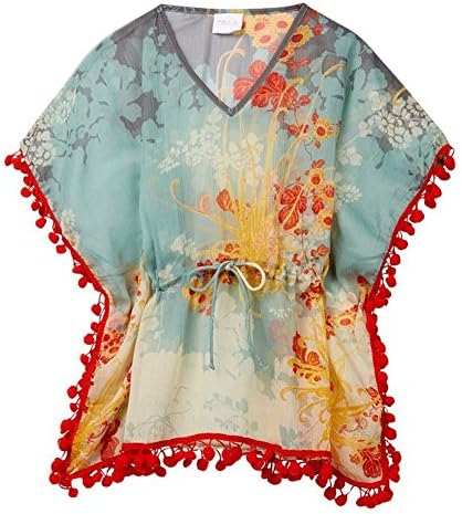 Azul Little Girls Teal Red Sheer Floral Print Pompom Adorned Sofi Kaftan 4/5