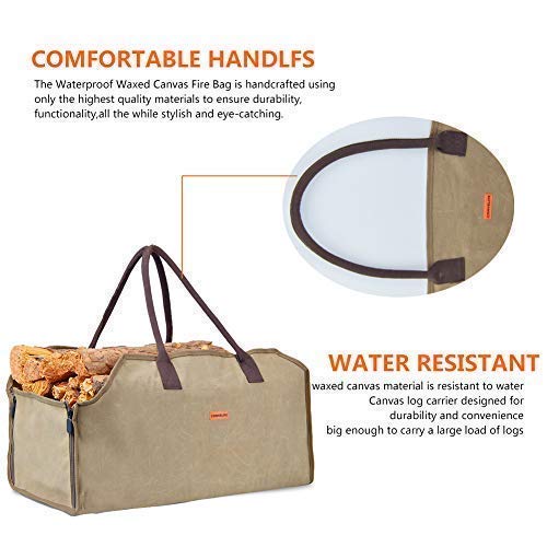 Waxed Canvas Firewood Log Carrier Horse Feeding Tote Wood Carrying Bag Woodpile Fireplace/Camp/Stove/Cabin Durable Heavy Duty Handle - Washed/Resistance soiling Outdoor Indoor(Large Wood Bag-Zipper)