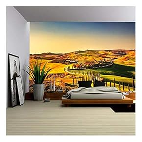 Tuscany, Crete Senesi Rural Sunset Landscape. Countryside Farm - Removable Wall Mural | Self-Adhesive Large Wallpaper - 66x96 inches