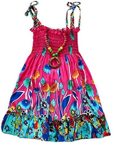Kids Girls Summer Bohemia Boho Dress Floral Sleeveless Pleated Mini Dress with Necklace (2T, G)