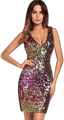 Women's Sexy V Neck Sleeveless Sparkling Sequin Glitter Bodycon Stretchy Club Mini Party Dress Clubwear Dress