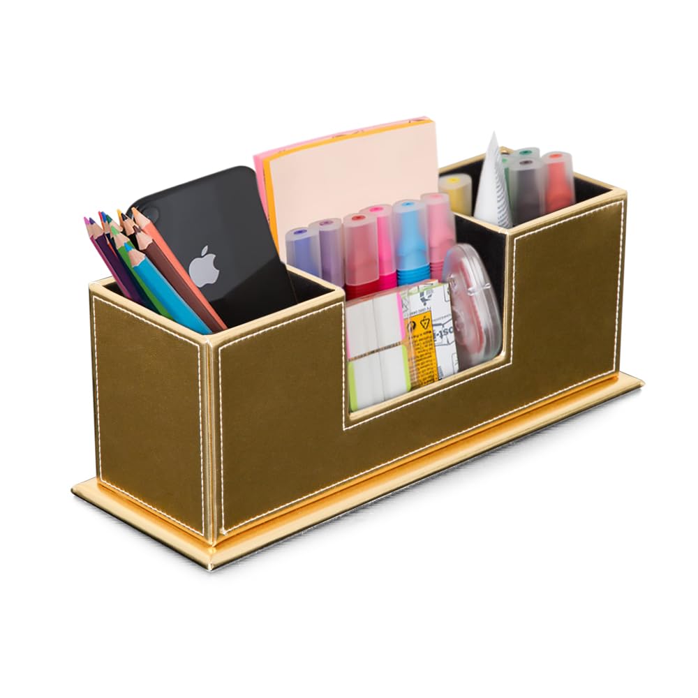 AINAK PU Leather Desk Organiser (4 Compartments) - Pen Holder, Desk Organiser for Office Supplies, Post-its, Notes, Business Cards and More (Gold)