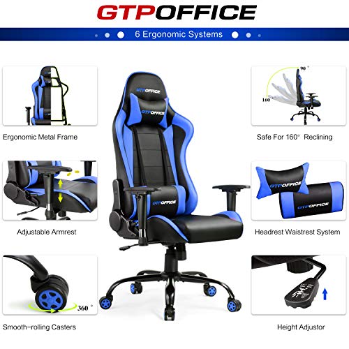 Gaming Chair Office Racing Computer Desk Chairs Ergonomic Executive Manager Work High Back Adjustable Swivel Task Chair Tilt E-Sports Chair Blue