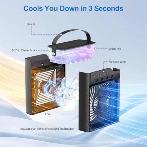 Portable air Conditioners, Personal Cooling Fan with 120° Oscillation, 3 Wind Speed & 4 Sprays, 2/4/6/8H Timer, Multi-Color Light, 3 in 1 Desktop Mini AC Unit for Car, Bedroom and Camping(Black)
