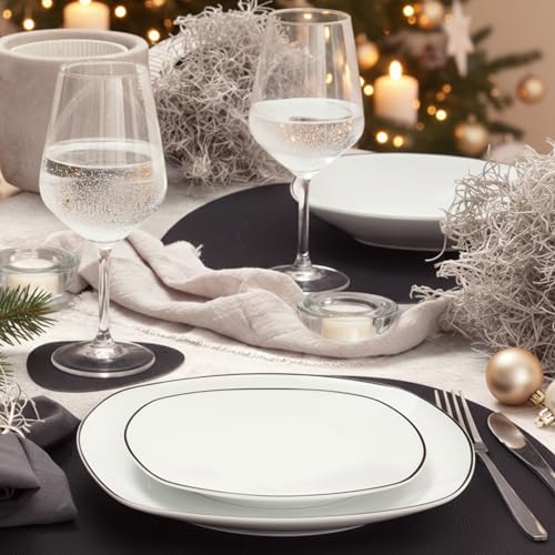 SÄNGER | Teller Set Bilgola Black Rim 18 tlg, Porzellan Geschirrset 6 Personen Tafelservice Spülmaschinenfest, Essgeschirr mit Flachen & Tiefen Tellern mit Schwarzen Akzenten | PREMIUM COLLECTION thumbnail 2