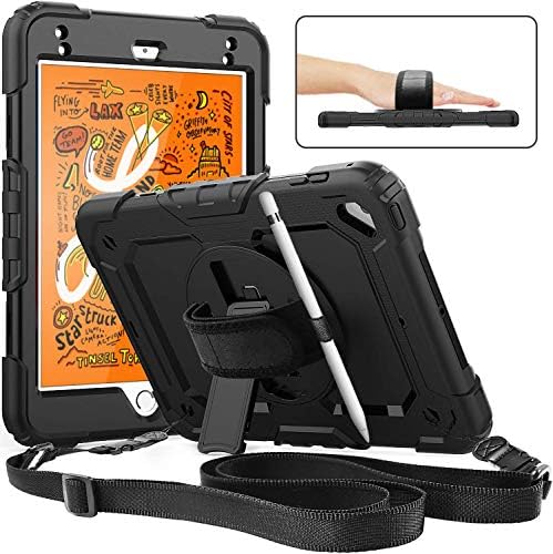 iPad Mini 5 Case 2019, iPad Mini 4 Case with Screen Protector & Pencil Holder, iPad Mini 4th/5th Generation Case for Kids, Shockproof Durable Rugged Drop Protection Case with Stand/Hand Strap Black