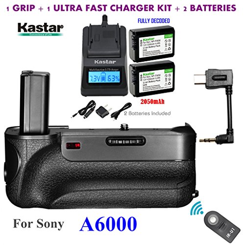 Kastar Infrared Remote Control Pro Vertical Battery Grip (Built-In 2.4G Wireless Contro) + 2 x NP-FW50 Replacement Batteries + Ultra Fast Charger Kit for Sony ILCE-A6000 / A6000 Digital SLR Camera