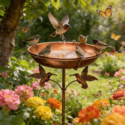 Beafaeur Bird Drinker, Hanging Bird Bath, Bird Bath Outdoor Water Trough (ø 30 cm), with 5 Legs Anti-Tip Base and Chain, Freestanding Bird Baths for Garden Balcony