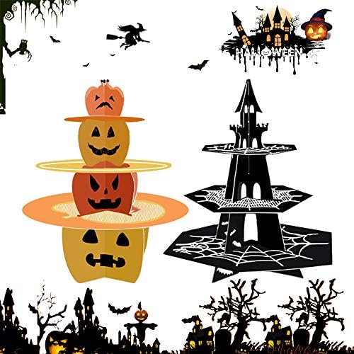 2 Set of 3-Tier Halloween Cupcake Stand Fruit Plate Cakes Desserts Fruits Snack Candy Buffet Display Tower for Halloween Party Serving Platter Small