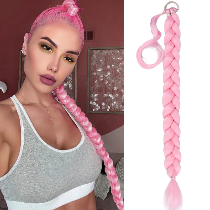 Gledola Long Braided Ponytail Extension 30 Inch Pre stretched Braiding Hair Extensions DIY Braid Ponytail Synthetic Hair Piece (Pink, 30 inches)