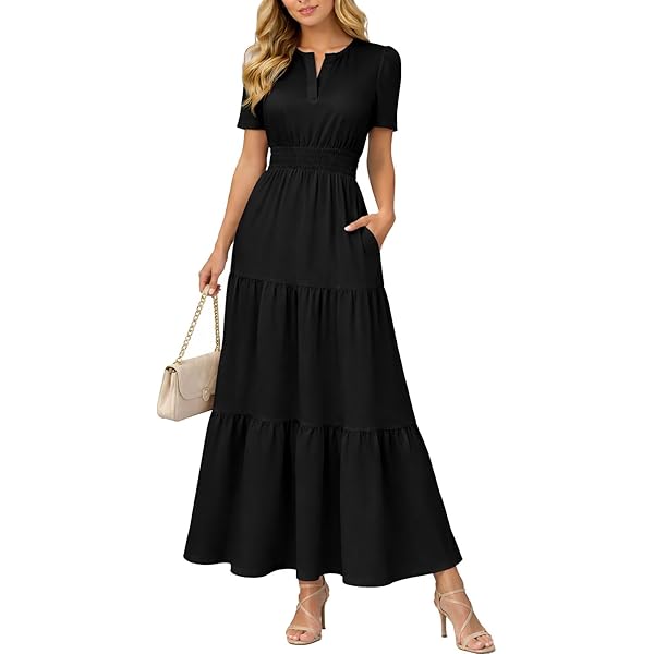 chinese dress ladies AUSELILY Maxi Dresses for Women Ankle Length Floral Print Beach Long Flowy  Dress with Pockets Black S at Amazon Women's Clothing store