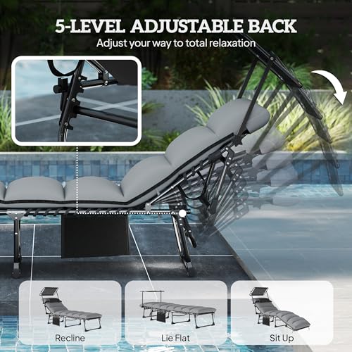 Outsunny Outdoor Chaise Lounge Chairs, 2 PCS Folding Lounge Chairs with Adjustable 5-Position, Cushion, Canopy, Side Pocket, Headrest, Sun Lounger for Patio, Beach, Light Grey