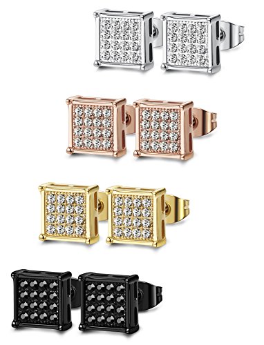 Fibo steel 4 pairs stainless steel stud earrings for men women sq…