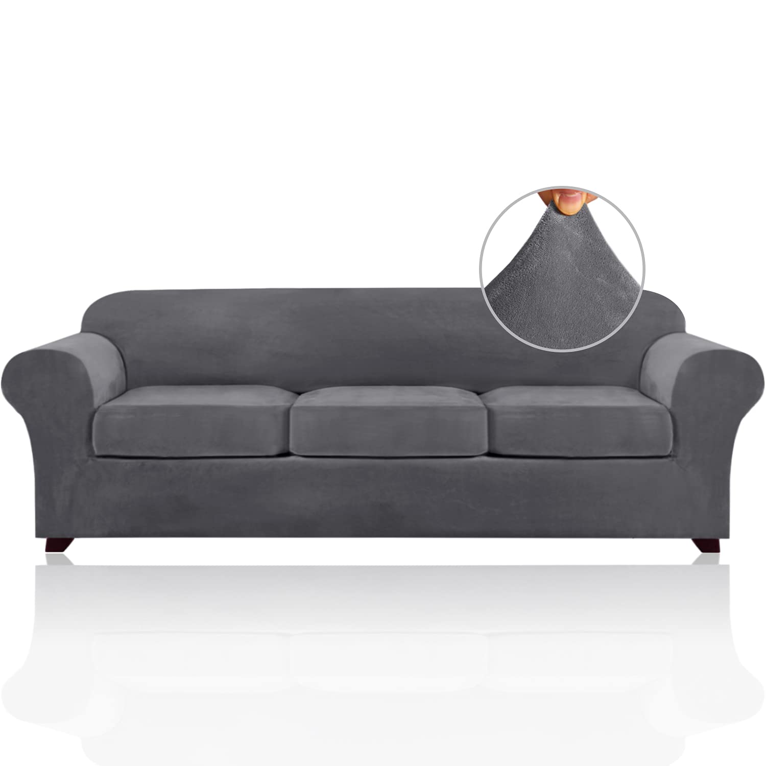 Photo 1 of PriceDeco Velvet XL Couch Cover for Oversized Sofa 4 Piece Sofa Covers for 3 Cushion Couch Washable Furniture Protector with Non Slip Elastic Bottom Width Up to 97 Inch(X-Large, Grey)