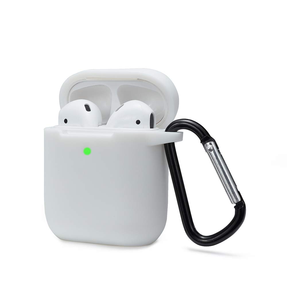 KOKOKA Case Cover Compatible with AirPods 2 & 1, Silicone Shockproof Case Cover for Airpods 2 &1 Front LED Visible Extra Protection with Carabiner, White